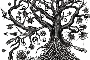 steampunk tree with daggers tattoo idea