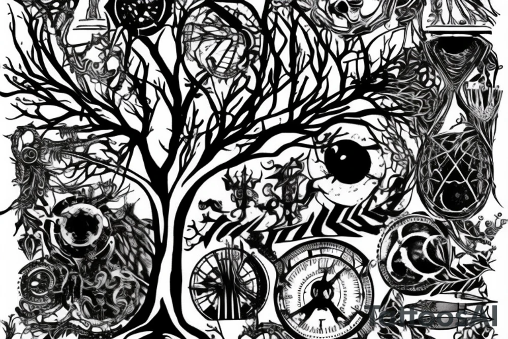steampunk tree with daggers tattoo idea