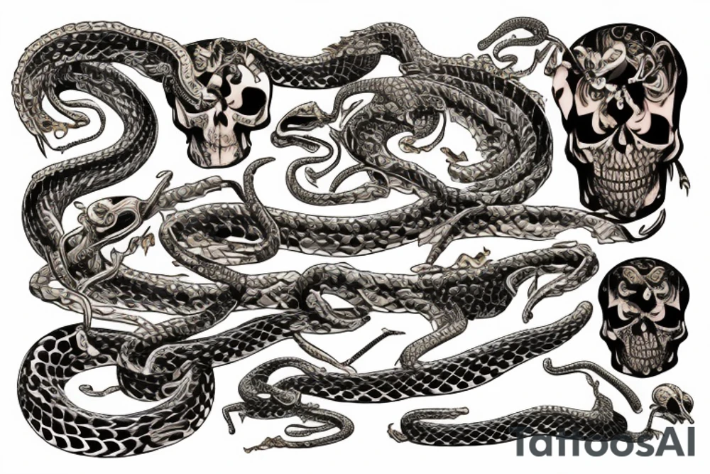 snake skeleton with golden highlights wrapped around a knife tattoo idea