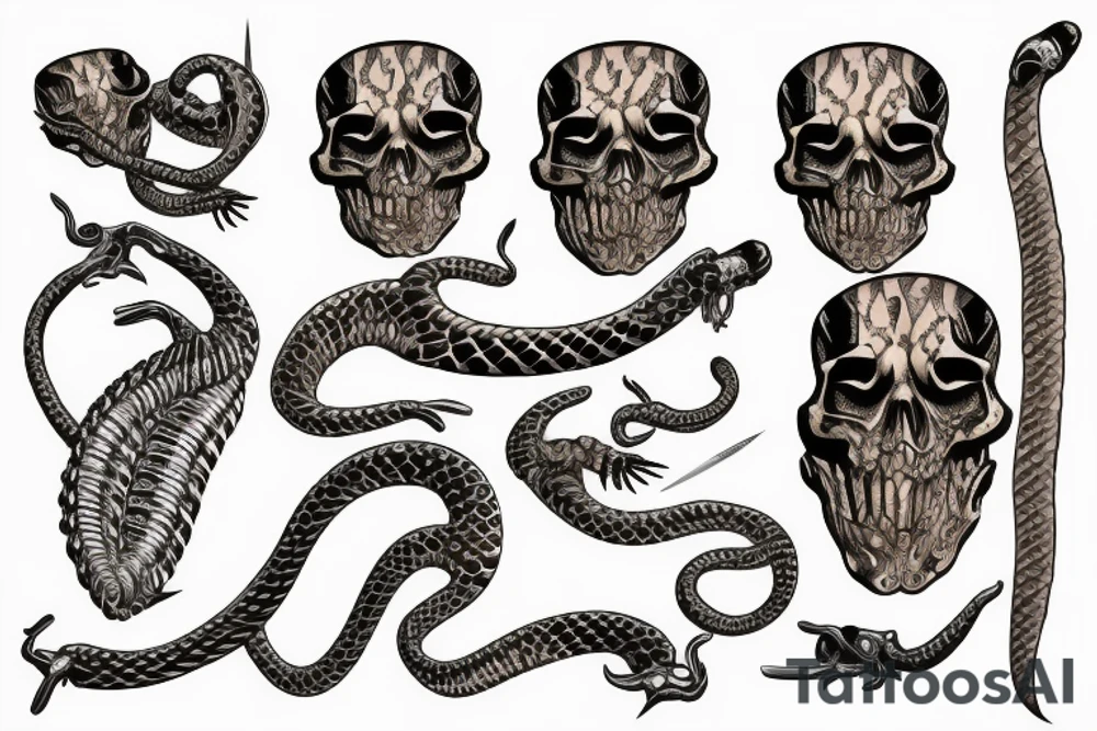 snake skeleton with golden highlights wrapped around a knife tattoo idea