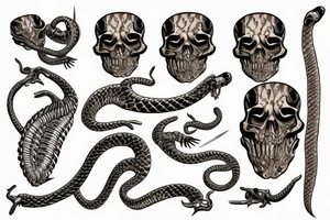 snake skeleton with golden highlights wrapped around a knife tattoo idea