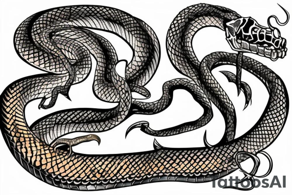 snake skeleton with golden highlights wrapped around a knife tattoo idea
