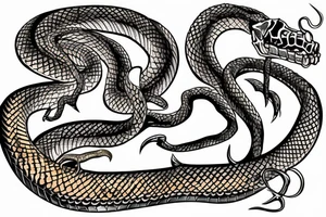 snake skeleton with golden highlights wrapped around a knife tattoo idea