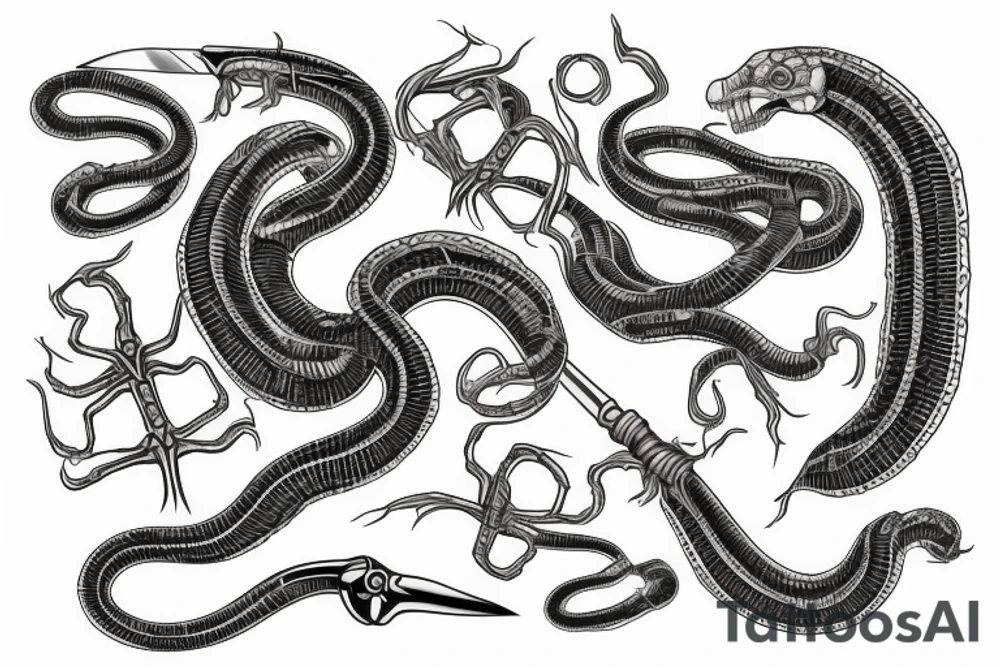 snake skeleton with golden highlights wrapped around a knife tattoo idea