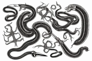 snake skeleton with golden highlights wrapped around a knife tattoo idea