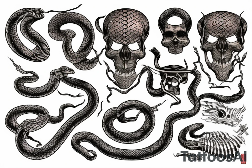 snake skeleton with golden highlights wrapped around a knife tattoo idea