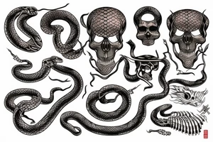 snake skeleton with golden highlights wrapped around a knife tattoo idea