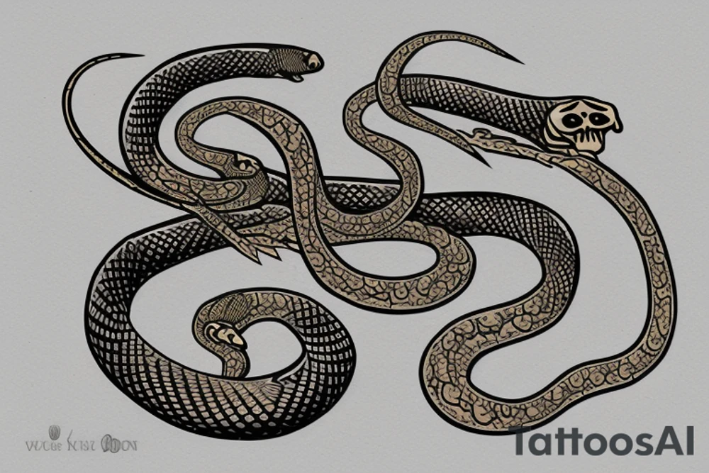 snake skeleton with golden highlights wrapped around a knife tattoo idea