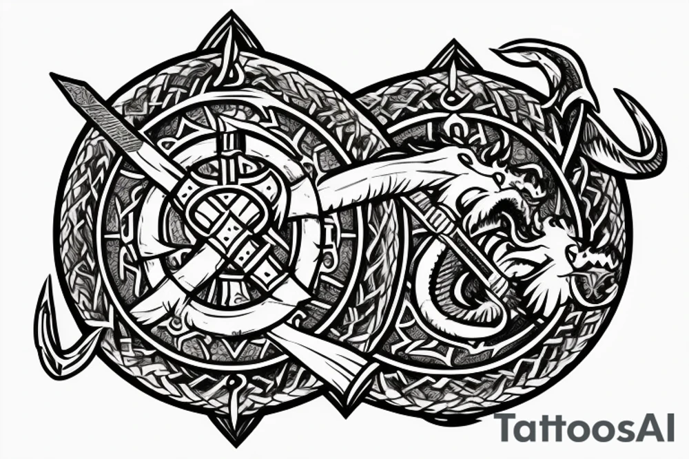 two dragons holding a Viking shield and a sword tattoo idea
