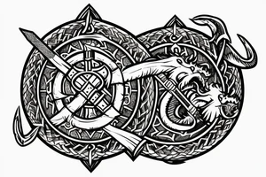 two dragons holding a Viking shield and a sword tattoo idea
