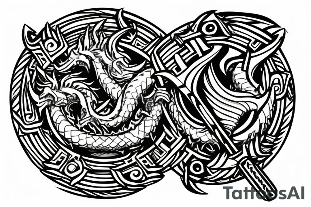 two dragons holding a Viking shield and a sword tattoo idea
