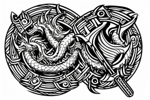 two dragons holding a Viking shield and a sword tattoo idea