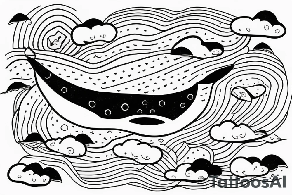 floating whale in the sky with a house on its back tattoo idea