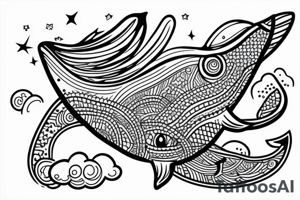 floating whale in the sky with a house on its back tattoo idea
