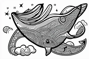 floating whale in the sky with a house on its back tattoo idea