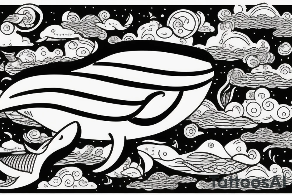 floating whale in the sky with a house on its back tattoo idea