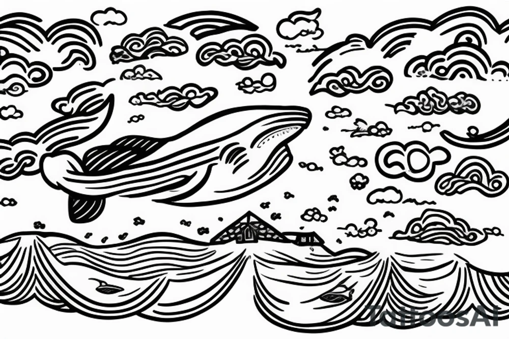 floating whale in the sky with a house on its back tattoo idea