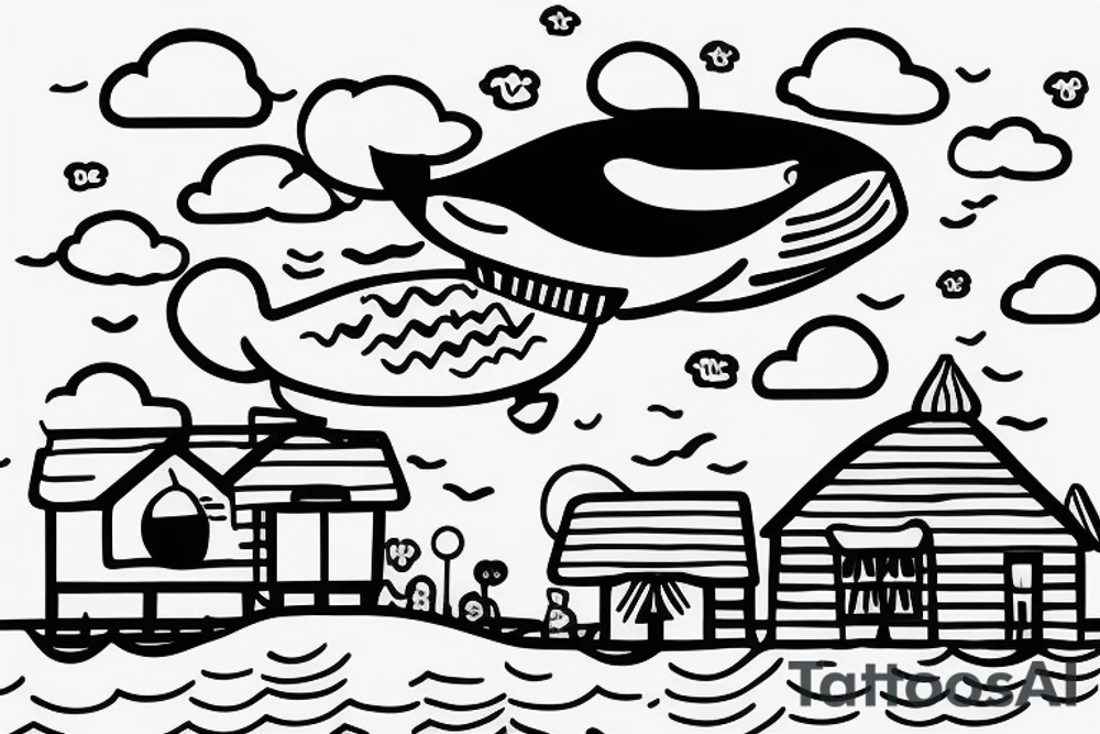 floating whale in the sky with a house on its back tattoo idea