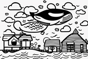 floating whale in the sky with a house on its back tattoo idea