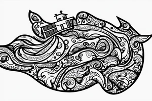 floating whale in the sky with a house on its back tattoo idea