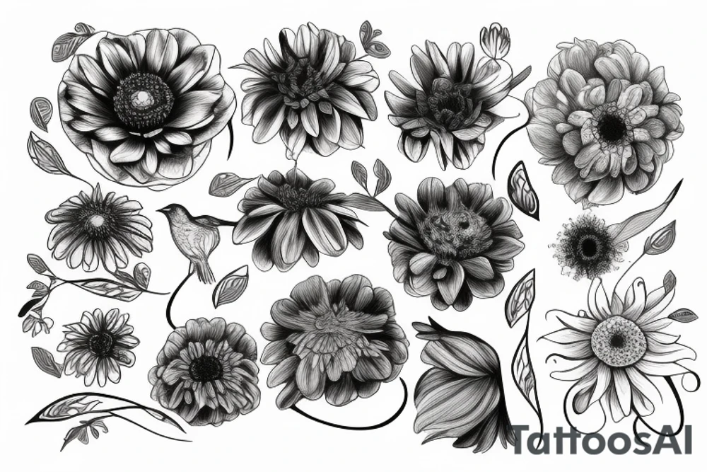 Anemone flowers, one bird, one sun tattoo idea