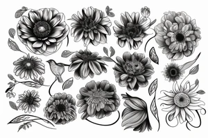 Anemone flowers, one bird, one sun tattoo idea