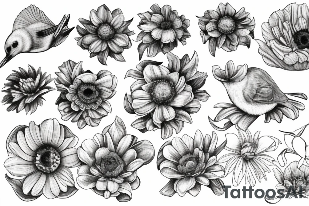 Anemone flowers, one bird, one sun tattoo idea