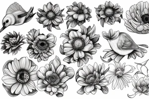 Anemone flowers, one bird, one sun tattoo idea