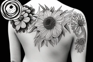 One design consisting of: Anemone flowers, one bird, one sun tattoo idea
