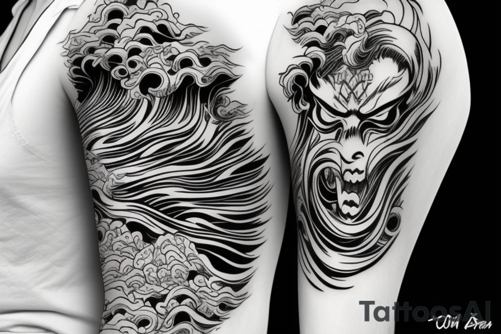 demon mask, ocean wave on the background tattoo idea