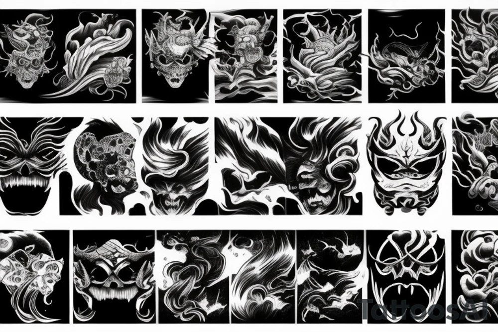 demon mask, ocean wave on the background, realistic tattoo idea