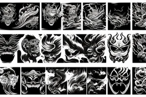 demon mask, ocean wave on the background, realistic tattoo idea