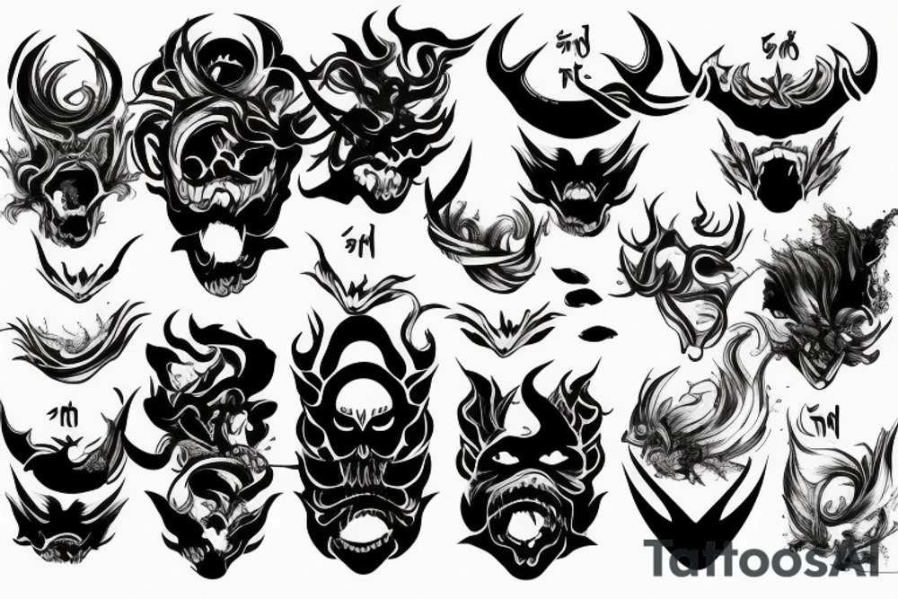 demon mask, ocean wave on the background, realistic tattoo idea