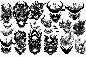 demon mask, ocean wave on the background, realistic tattoo idea