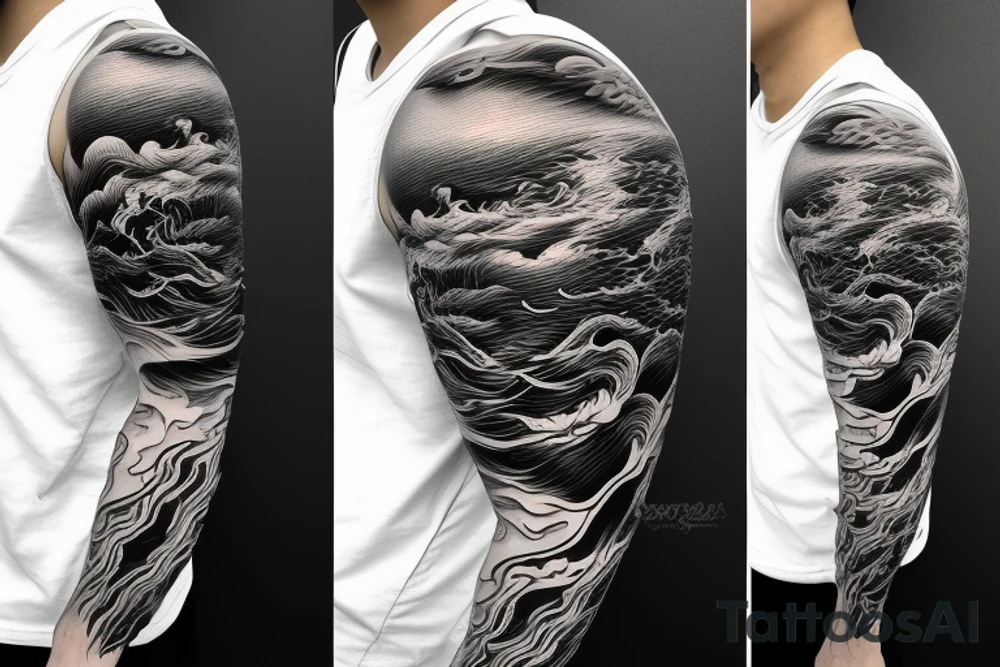 demon samurai mask, ocean wave on the background, realistic, tattoo idea