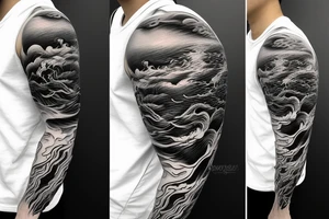 demon samurai mask, ocean wave on the background, realistic, tattoo idea
