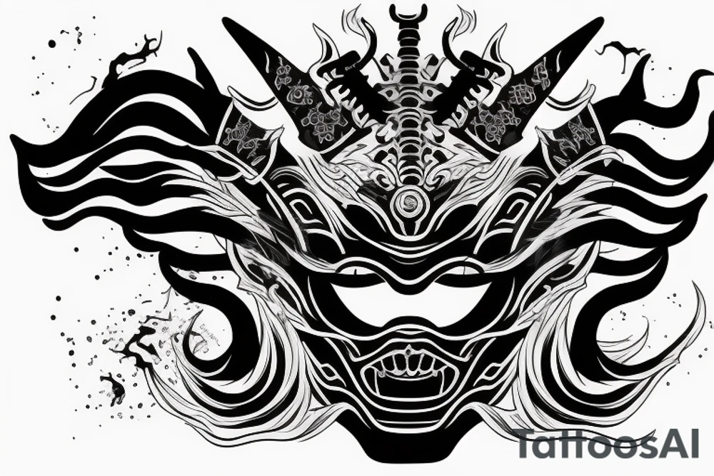 demon samurai mask, ocean wave on the background, realistic, tattoo idea