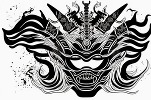 demon samurai mask, ocean wave on the background, realistic, tattoo idea