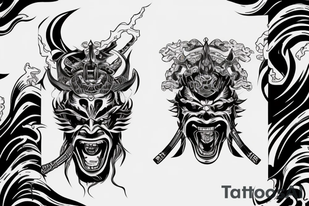 demon samurai mask, ocean wave on the background, realistic, one composition tattoo idea