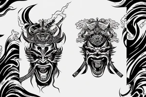 demon samurai mask, ocean wave on the background, realistic, one composition tattoo idea