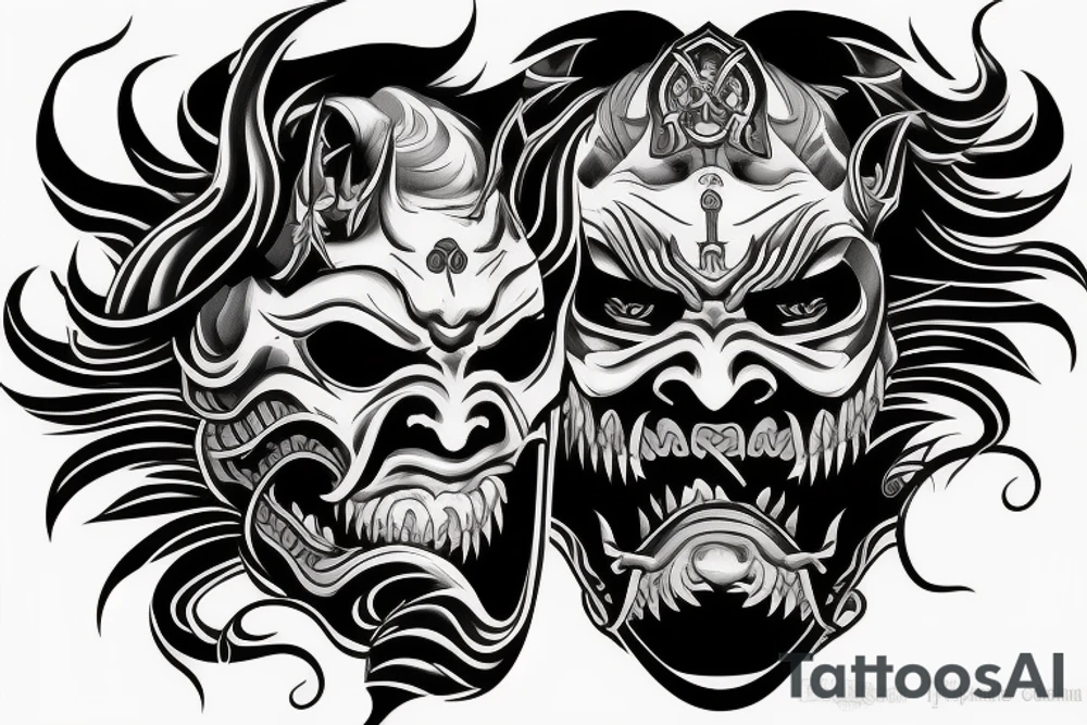 demon samurai mask, ocean wave on the background, realistic, one composition tattoo idea