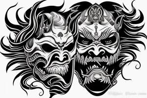 demon samurai mask, ocean wave on the background, realistic, one composition tattoo idea