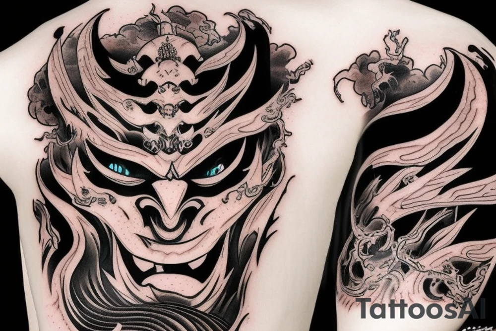 demon samurai mask, ocean wave on the background, realistic, one composition, tattoo idea