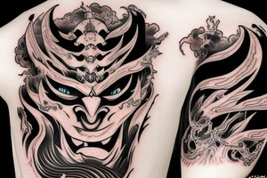 demon samurai mask, ocean wave on the background, realistic, one composition, tattoo idea
