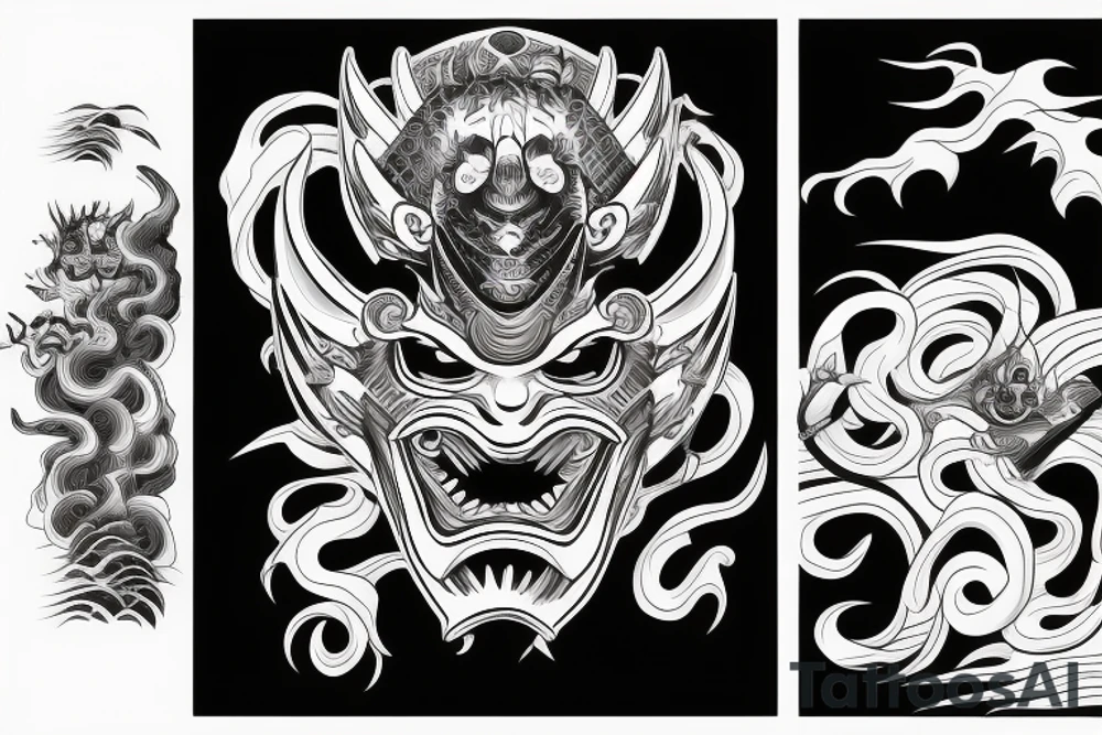 demon samurai mask, ocean wave on the background, realistic, one composition, tattoo idea