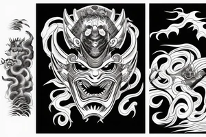 demon samurai mask, ocean wave on the background, realistic, one composition, tattoo idea