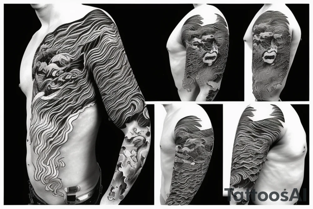 demon samurai mask, ocean wave on the background, realistic, one composition, detailed tattoo idea
