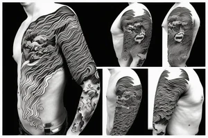 demon samurai mask, ocean wave on the background, realistic, one composition, detailed tattoo idea