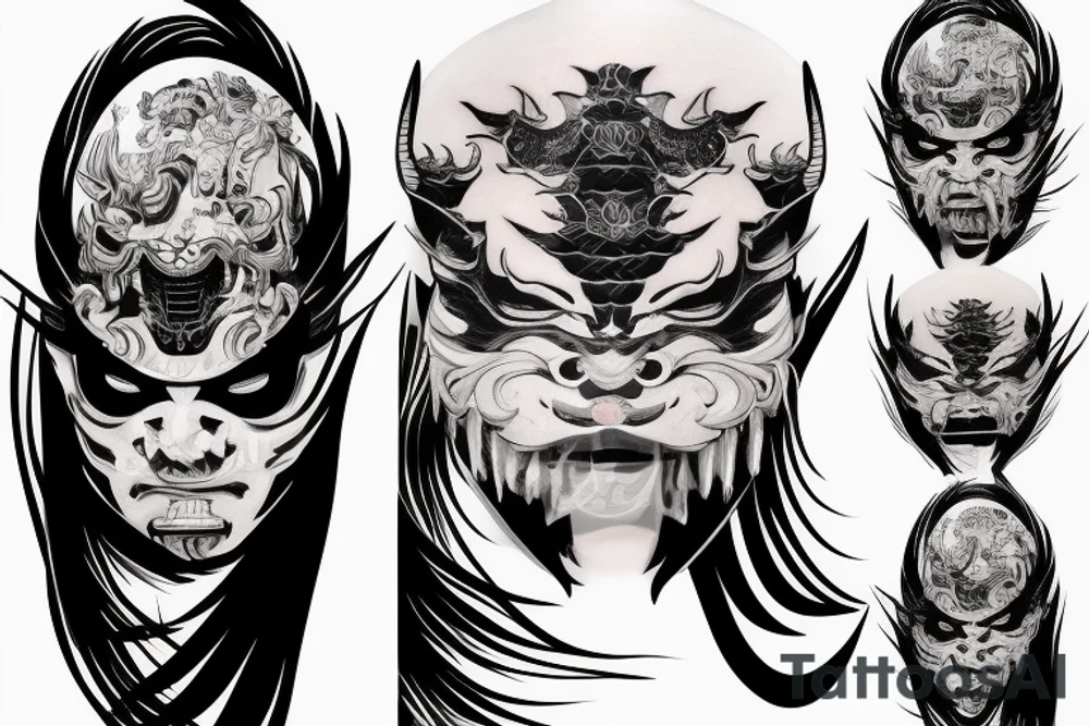 demon samurai mask, ocean wave on the background, realistic, one composition, detailed tattoo idea