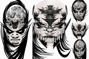 demon samurai mask, ocean wave on the background, realistic, one composition, detailed tattoo idea